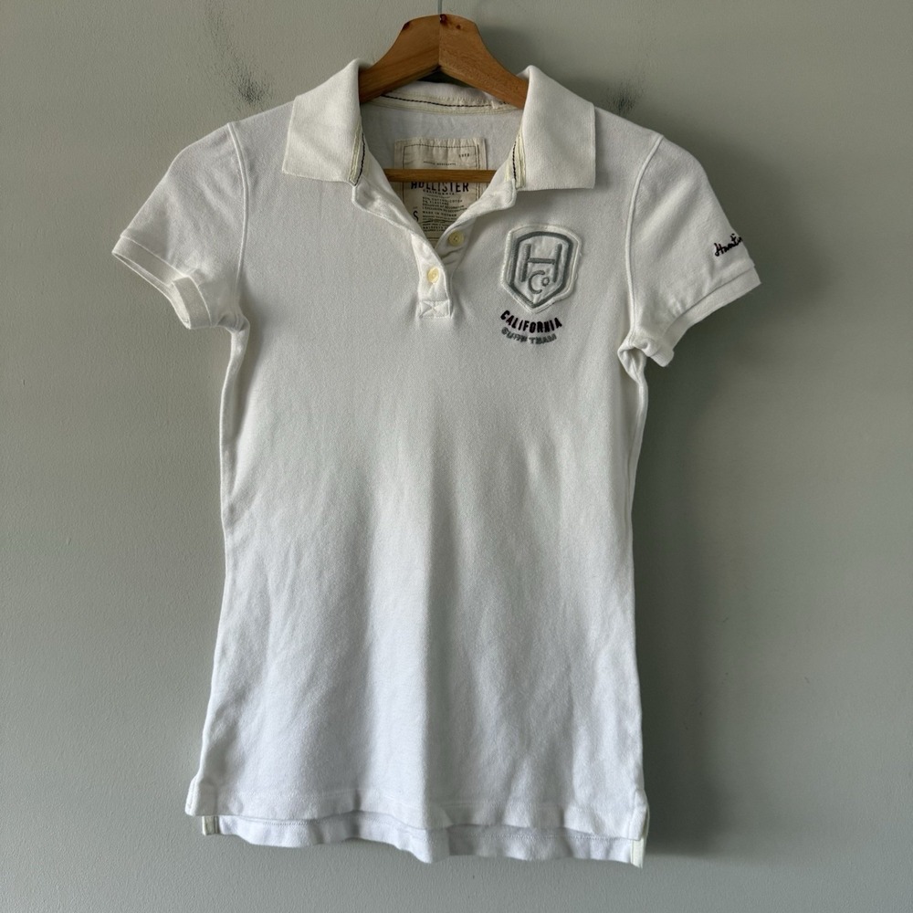 Hollister Polo Shirt Womens S White Y2K 2000s Preppy Coastal Beach Surf Stretch